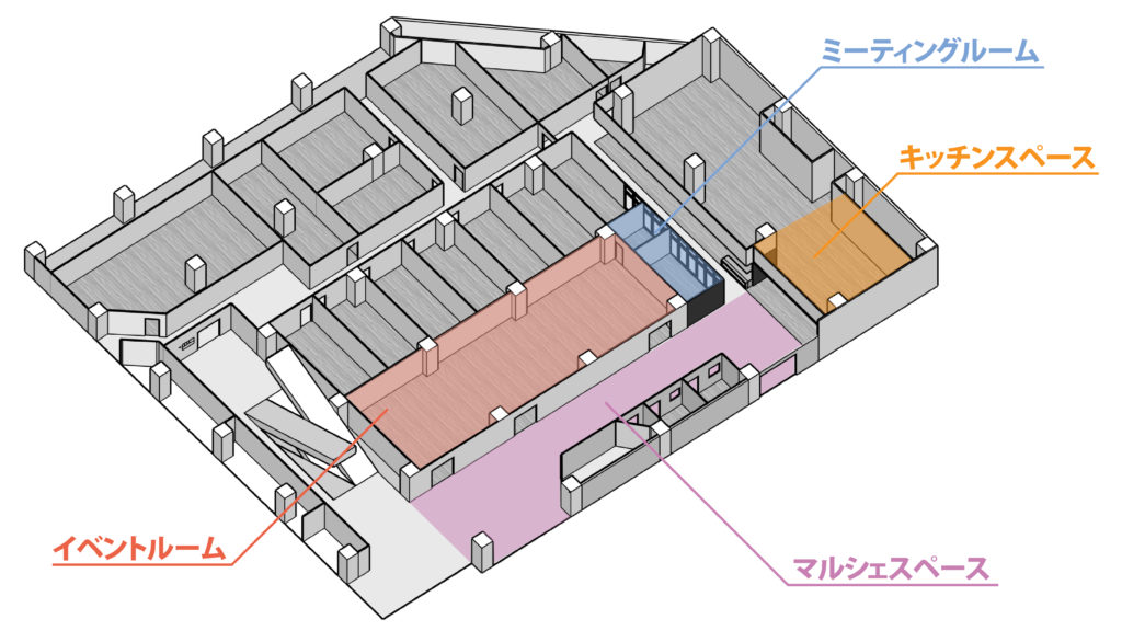 大阪府枚方市の貸し会議室・レンタルスペース「ビィーゴ」のレンタルスペース配置図