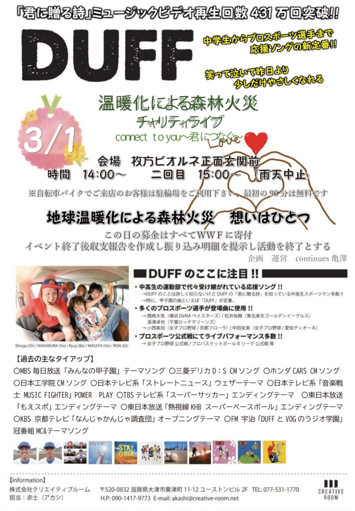 DUFF チャリティライブ 枚方市駅前 枚方ビオルネ 2020年3月1日 ①14:00~ ②15:00~ 地球温暖化による森林火災 WWF